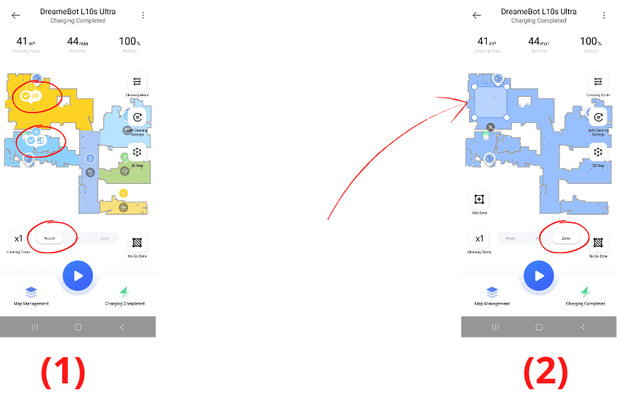 Einzelraumreinigung und Bereichsreinigung werden in der Dreame L10s Ultra App ausgewählt